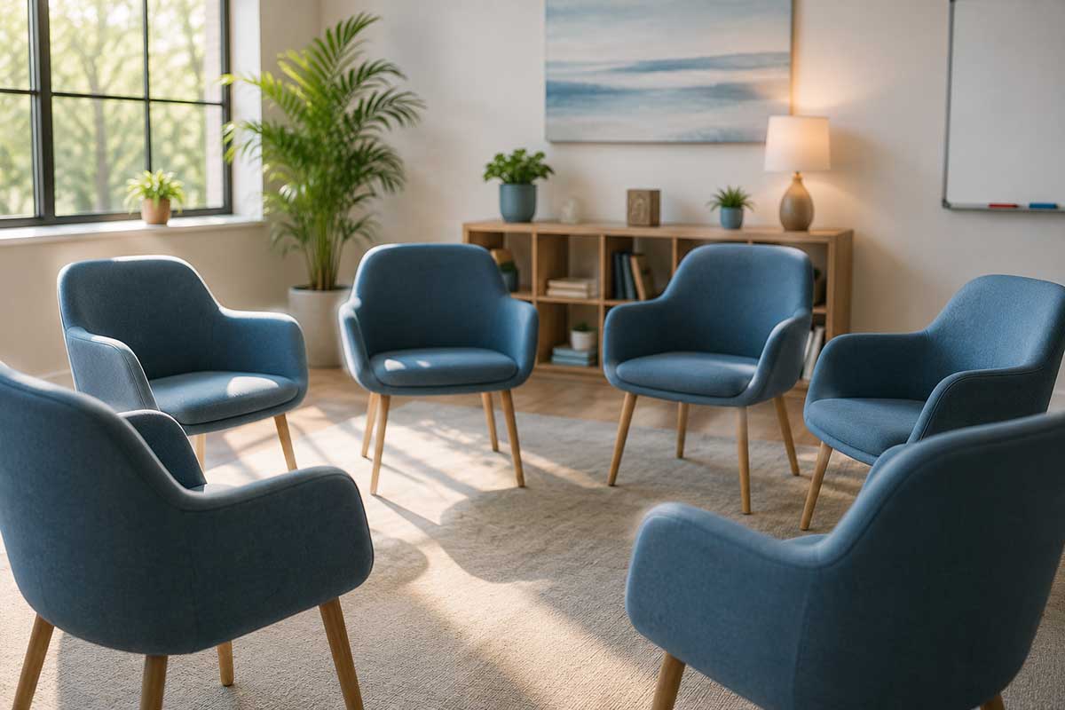 Behavioral health group therapy room with empty chairs arranged in a circle