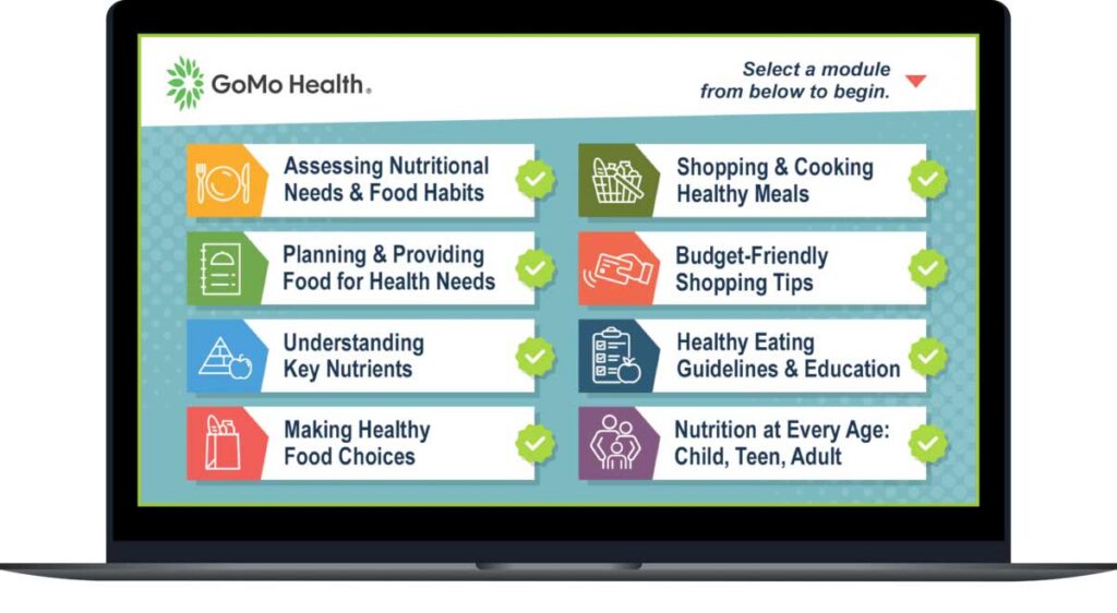 Icons for nutrition, meal planning, healthy eating, cooking, budgeting, and life-stage nutrition. GoMo Health interface with selectable modules.