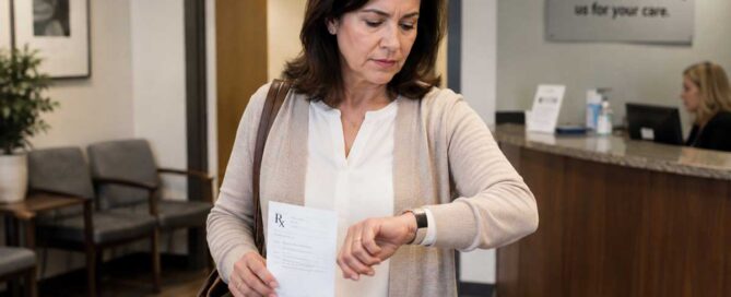 Woman checking her watch while waiting in a healthcare clinic